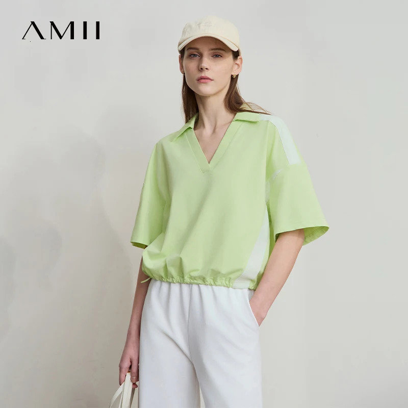 Amii Minimalist Cotton TShirts For Women 2025 Summer VNeck Pullover Loose Short Shoulder Sleeve Chic Commute Tops 12552001 250724