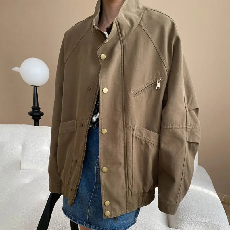 Womens Fashion Lightweight Oversized Cargo Jacket Stand Collar Multi Pocket Streetwear Casual Outerwear Coat 250729