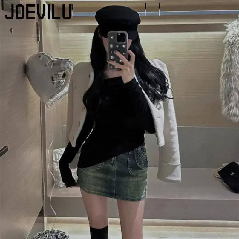 Black Asymmetric Niche Tops Off Shoulder Pleated Slim Fit Long Sleeve Tshirt Womens Korean Fashion Y2k Streetwear Skinny Tee 250729