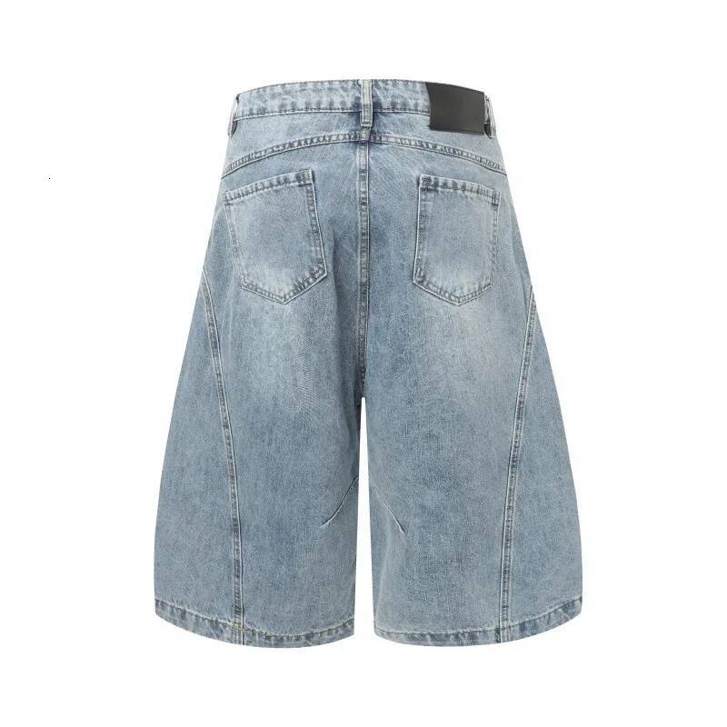 Deconstructive Curved Blade Harem Denim Ripped Blue Vintage Washed Shorts Hip Hop Baggy Wide Leg Crop Jeans