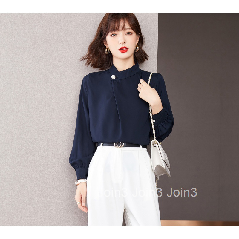 Spring and Autumn New OL Style French Plus Size Womens Pearl Button Elegant Long Sleeve Shirt Base Shirt for Women