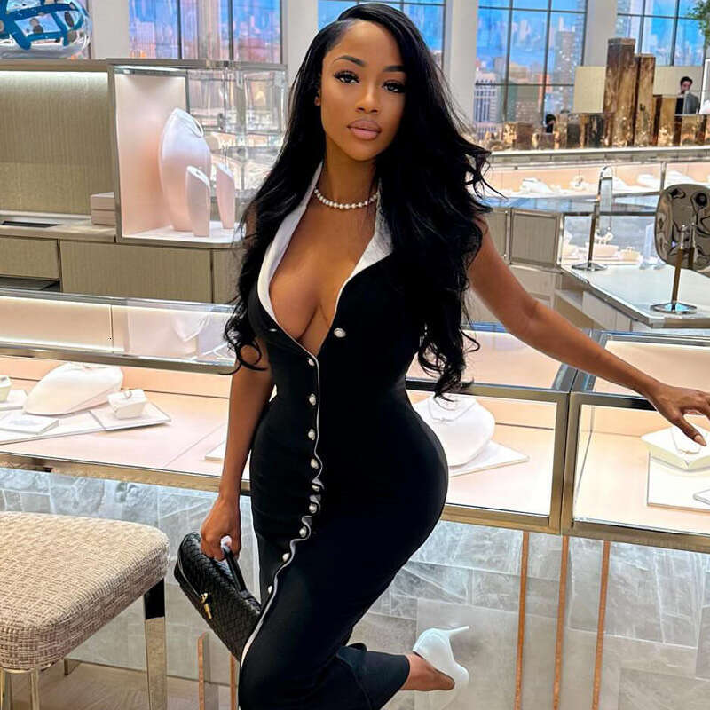 Elegant And Sophisticated Color-Block Slim Fit Button Women's Mid-Length Dress B5