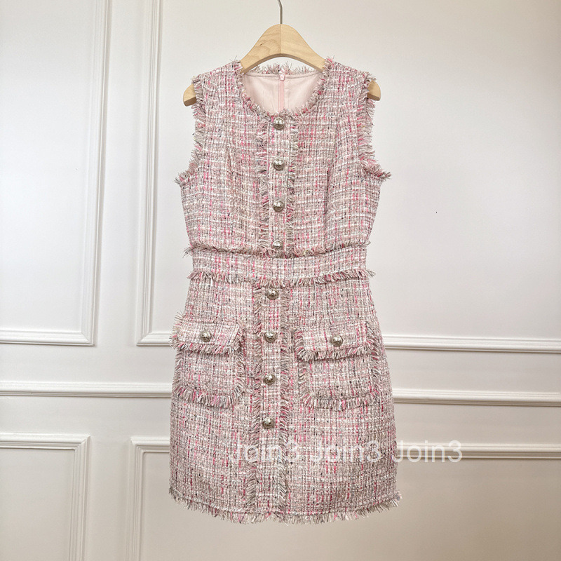 Summer Autumn New French Style Small Fragrance Tassel Tweed Slim Fit Bodycon Base Vest Sleeveless Dress Short Skirt