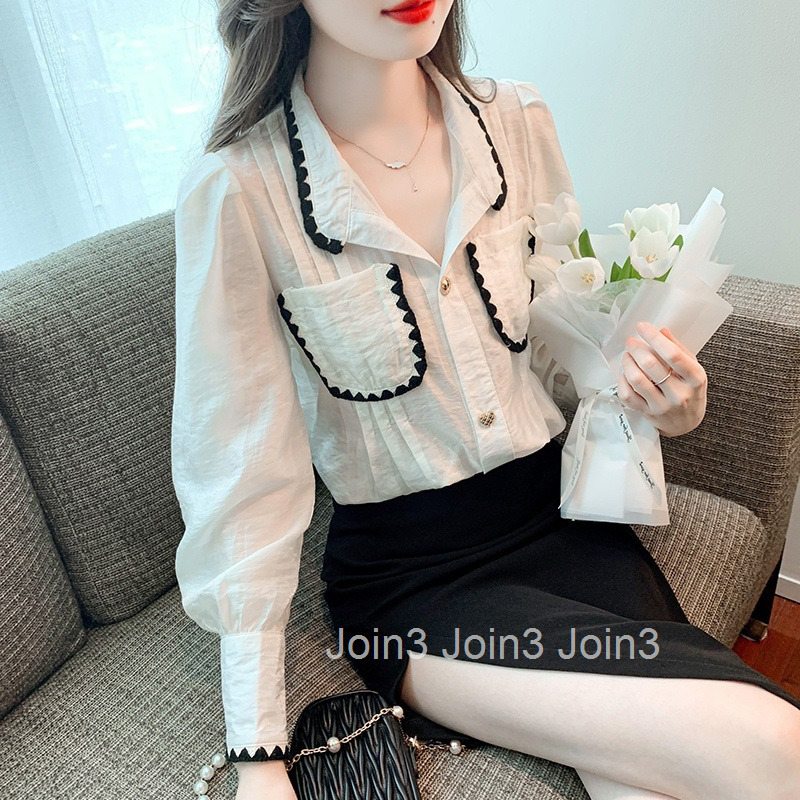 Autumn Winter New Plus Size Womens Turn-down Collar Mulberry Silk Puff Sleeve Base Long Sleeve Shirt Womens Top Blouse