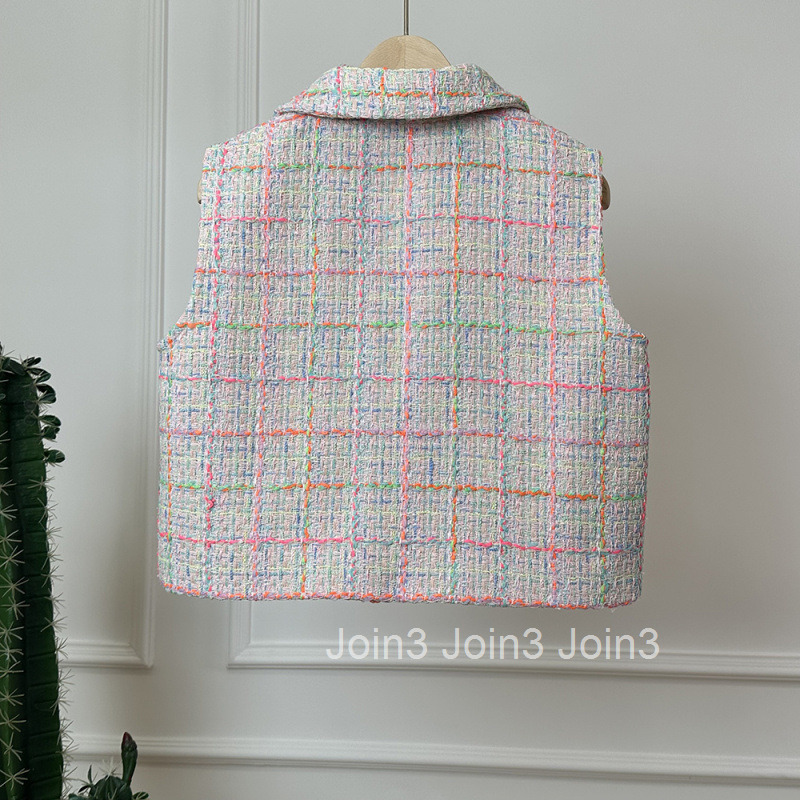 Autumn Winter New French Style Chic Short Lapel Tweed Vest Sleeveless Jacket Womens Top Vest