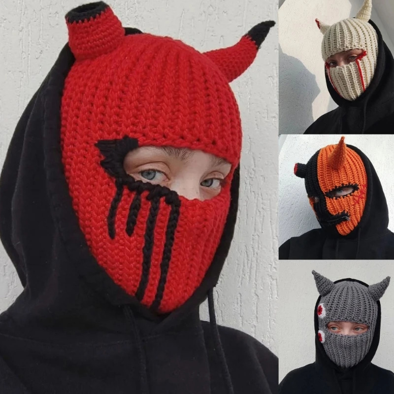 Funny Horns Knitted Hat Cosplay Halloween Masquerade Beanies Warm Full Face Cover Ski Mask Hat Windproof Helmet Trick Scare Prop 250724
