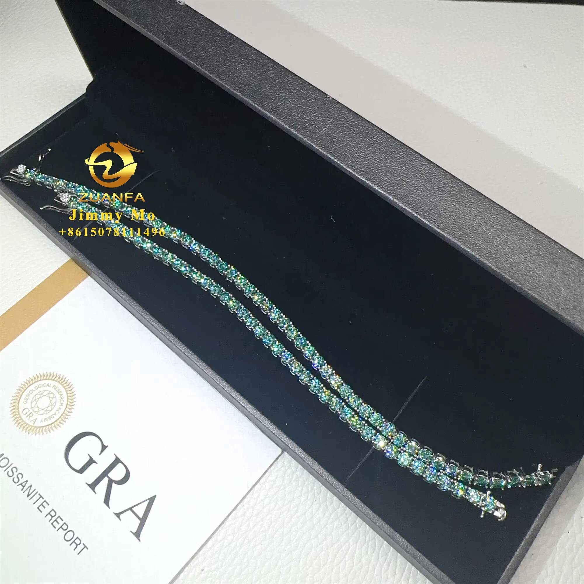 GRA Certificates 3mm 4mm S925 White Gold Plated Hip Hop Jewelry Blue Green Moissanite Diamond Tennis Chain Bracelet Men