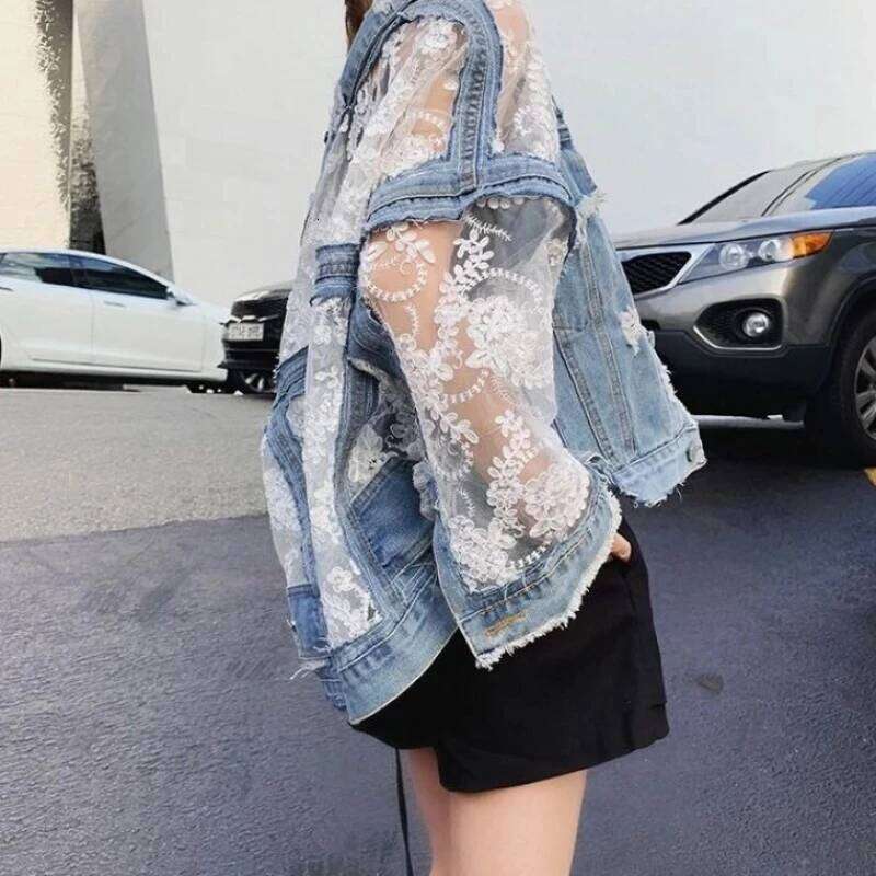 Designer Clothing 2025 Autumn Streetwear Fashion Embroidery Lace Patchwork Sexy Women's Wear Tassel Loose Denim Jacket