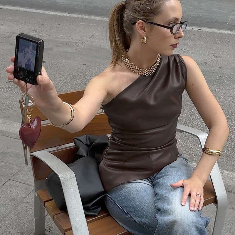 Y24tp426 Women's Autumn New Solid Color Sleeveless One-Shoulder Asymmetrical Zipper T-Shirt Top B5