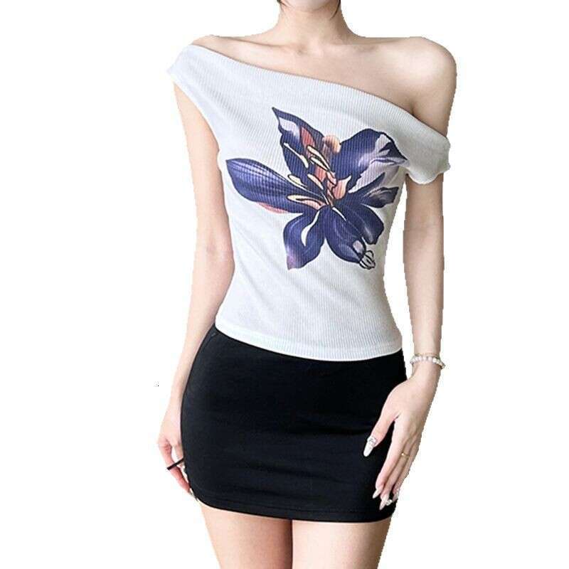 sxzy Color-Block Floral Print Off-Shoulder Short Sleeve T-Shirt for Women 2025 Summer Design Slim Fit Hot Girl Knitted Crop Top
