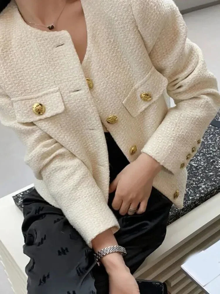 Simple Solid England Tweed Jacket Women Elegant Buttons Long Sleeve Sweet Coat Casual O Neck Fashion Loose Fall Winter Top 250729