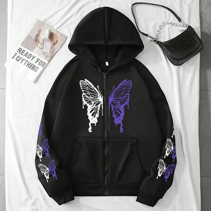 Arrival Womens Hoodie High Grade Butterfly Printed Zipup Sweatshirts All Season Female Urban Casual Fashion Y2K Coats 250729
