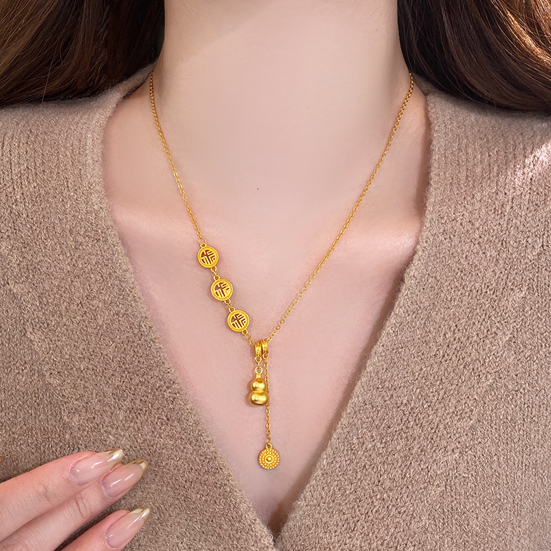 Traditional Gold-Plated Gourd Fortune Character Lucky Round Pendant Sweater Necklace for Women 2025 New Style Elegant Accessories Jewelry for Women