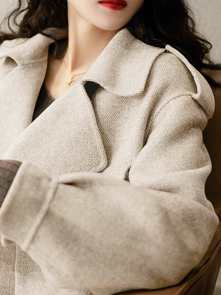 Woman Bomber Jacket Coat Autumn Winter Warm Belt n Woolen for Women Solid Khaki Elegant In Outerwear 250729