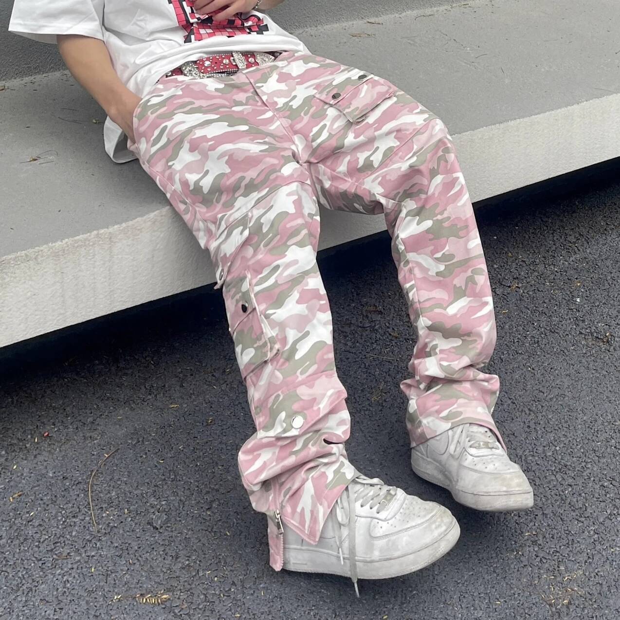Fashion Streetwear Pink Camouflage Cargo Hip Hop Multi-Pocket Zip Up Trousers Flared Men Y2k Slim Fit Casual Pants Baggy
