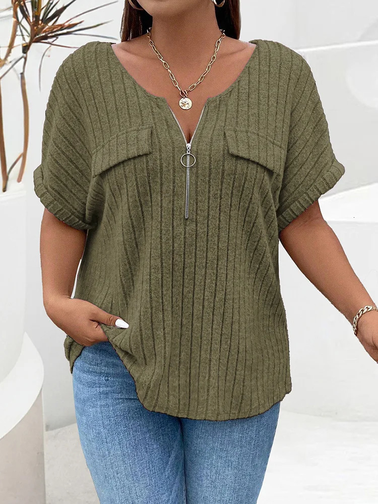 GIBSIE Plus Size Solid ORing Zip Front TShirt for Women Summer ONeck Short Sleeve Rib Knit Casual Tees Tops Female 250729