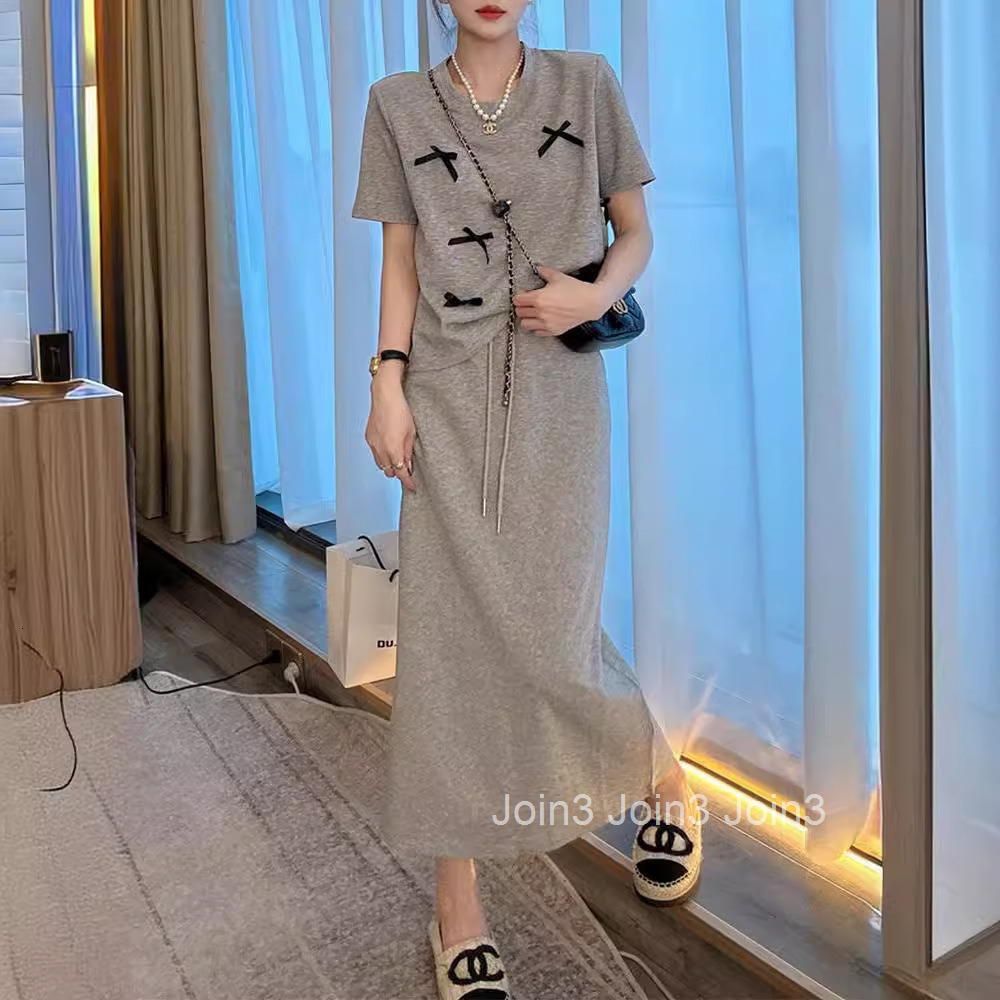 Summer New Plus Size Womens Bowknot Stylish Design Short Sleeve T-Shirt Top + Mid-Length Skirt Two-Piece Set