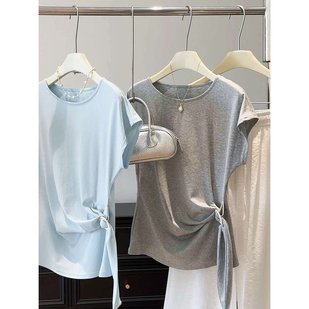 sxzy Round Neck Short T-Shirt for Women Summer 2025 New Slim Fit Waist-Cinching Slimming Irregular Design Flutter Sleeve Top