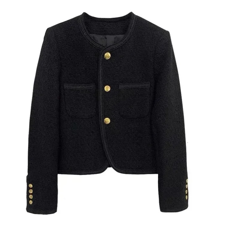 Autumn Black Tweed Coat Women Korean Elegant Oneck Slim Fit Tops Y2k Grunge Long Sleeve Jackets Mujer 250729