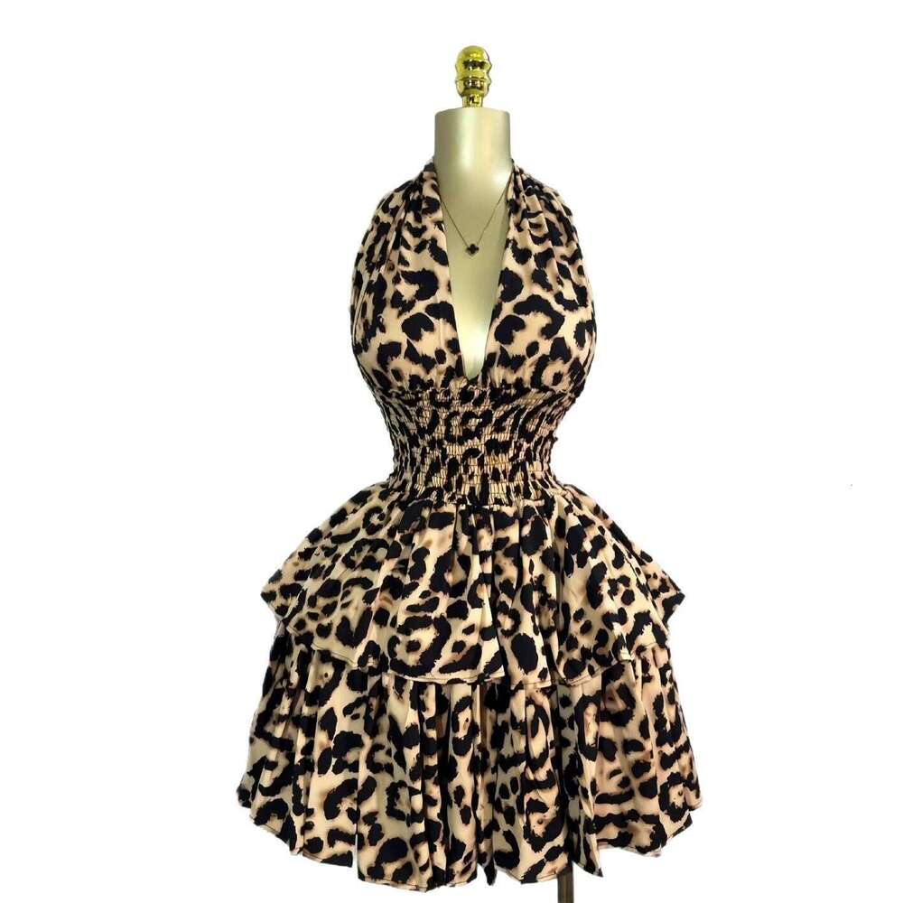 2025 Early Summer New Sleeveless Halter Leopard Print Waist-Cinching Ruched Puff Short Dress for Women