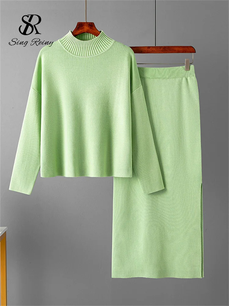 Winter Casual Knitted Sets SINGREINY Fashion Autumn Sweater Two Pieces Suits Women Loose Warm PulloversSplit Long Skirt 250729