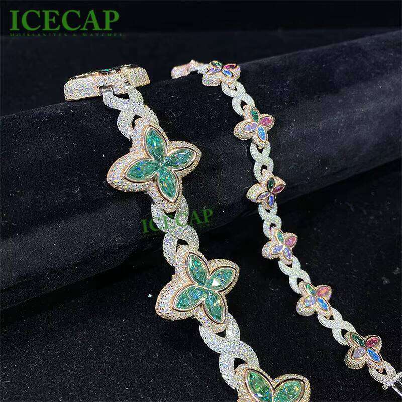 Hip Hop Jewelry Rose Gold Sterling Sier Colored VVS Moissanite Dia Chain Four Leaf Clover Infinity Link Bracelet