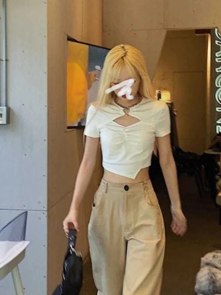 High Street Short Sleeve Tshirt Women Harajuku Summer Hollow Out Slim n Ins Korean Style Above Navel Cropped Top Allmatch 250724