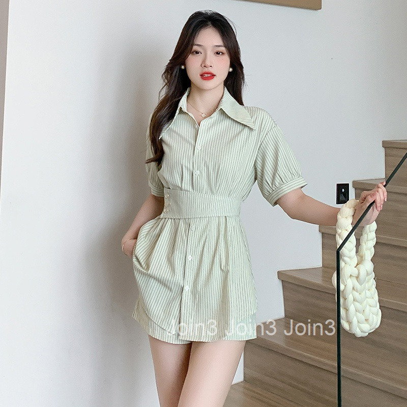 Summer New Plus Size Womens Commuting Two-Piece Set Elegant Short Sleeve Striped Shirt Dress + Shorts Set