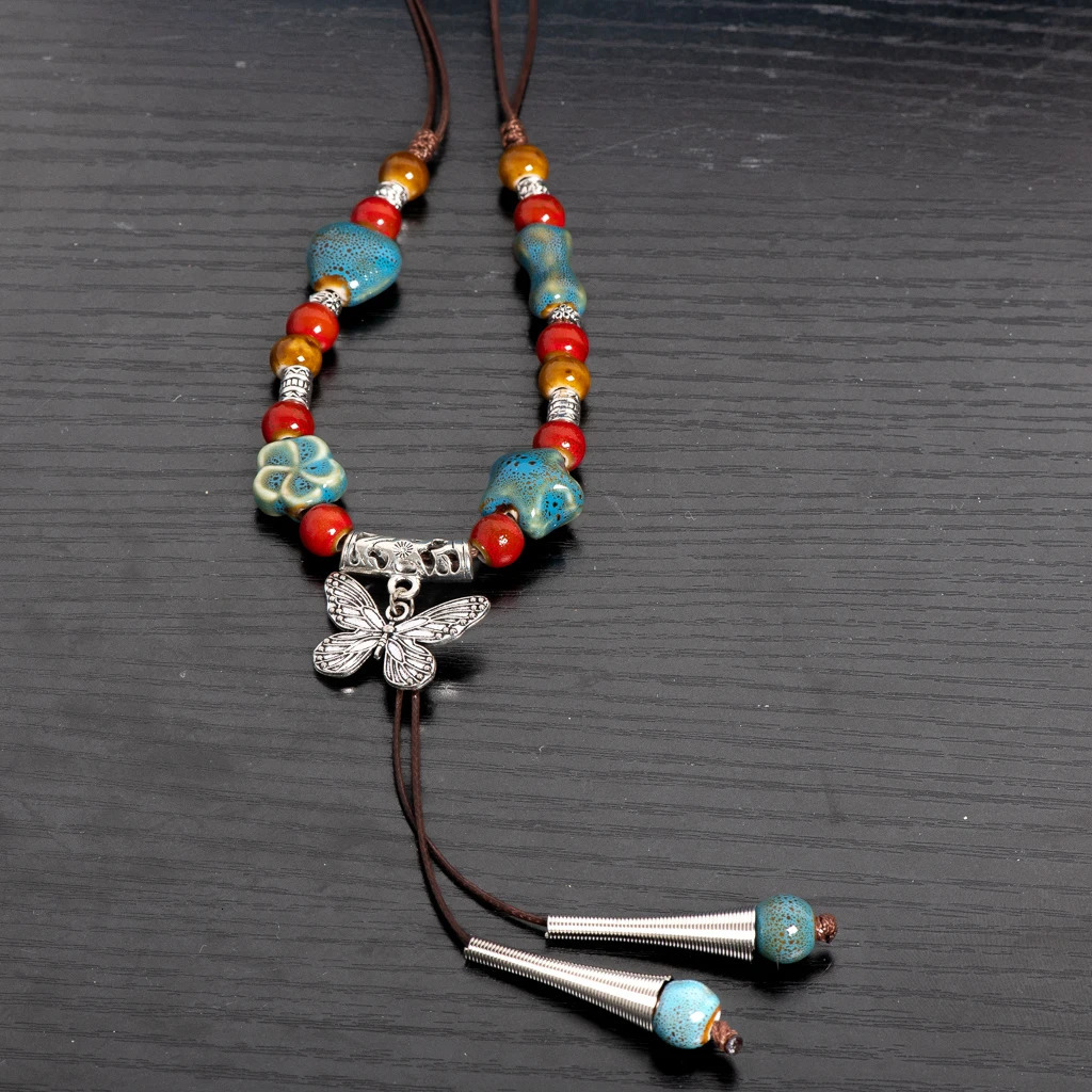Handmade Colorful Butterfly Ceramic Necklace Adjustable Boho Ethnic Jewelry Tassel Pendant Long Necklace for Women S02-054 250729