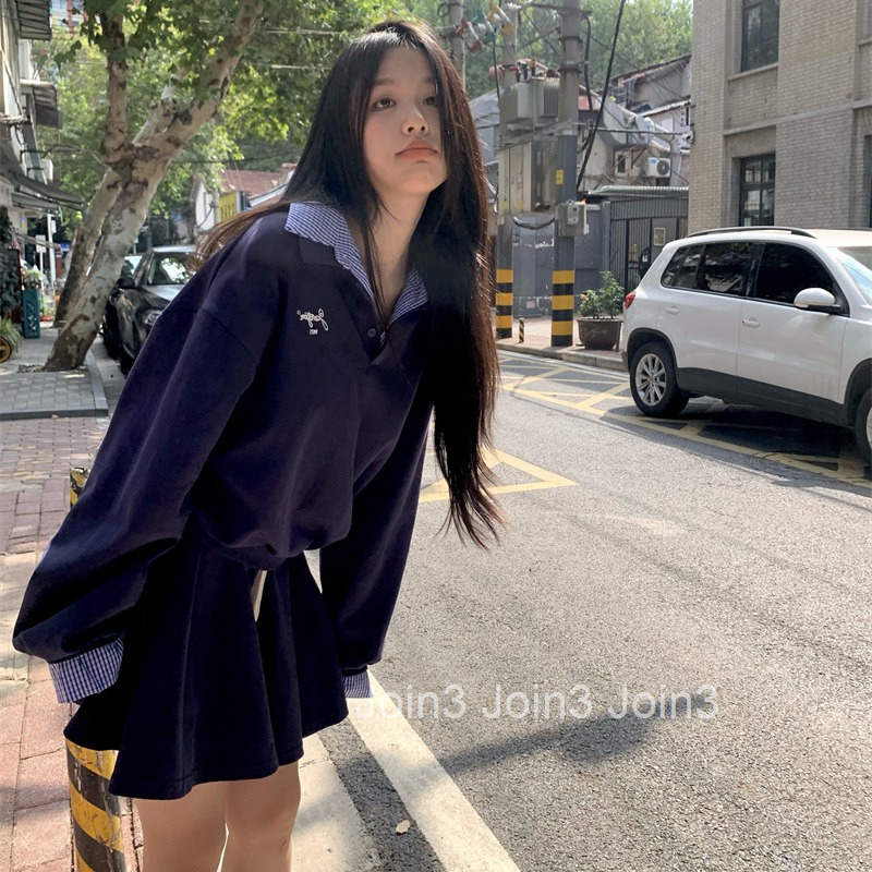 Autumn Winter New Embroidered Patchwork Fake Two-Piece Casual Sports Long Sleeve Top Sweatshirt Half Skirt Set