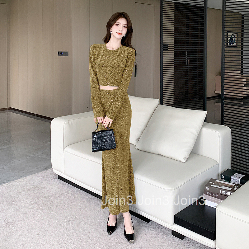 25 Spring and Autumn New Fashionable Socialite Street Style Elegant Shiny Long Sleeve T-Shirt Top + Midi Skirt Two-Piece Set