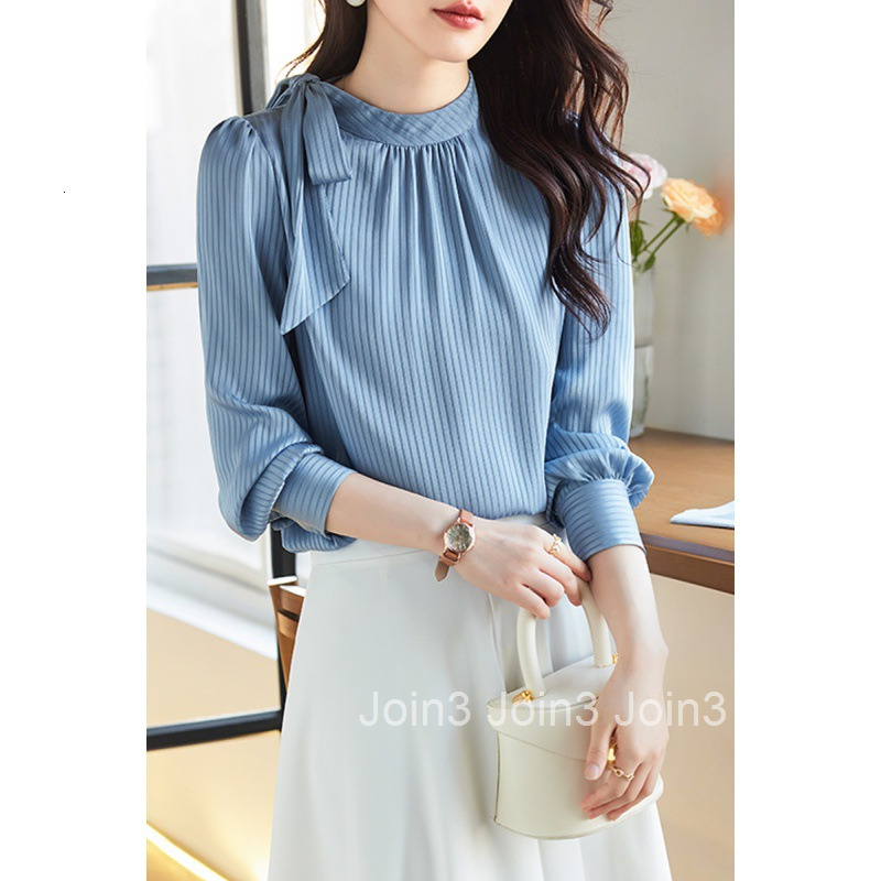 Spring and Autumn New Tie Shirt Womens Professional Style Blue Striped Chiffon Long Sleeve Shirt Womens Top