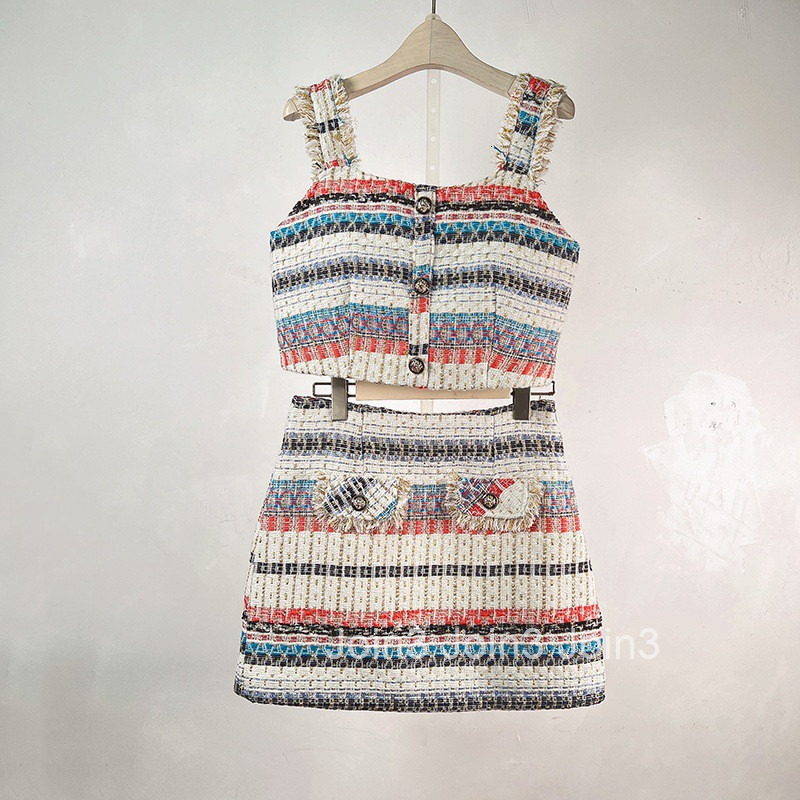 Internet Celebrity Little Fragrance Style Summer New French Texture Petite Heightening Slim Strap Short Skirt Two-Piece Set for Women