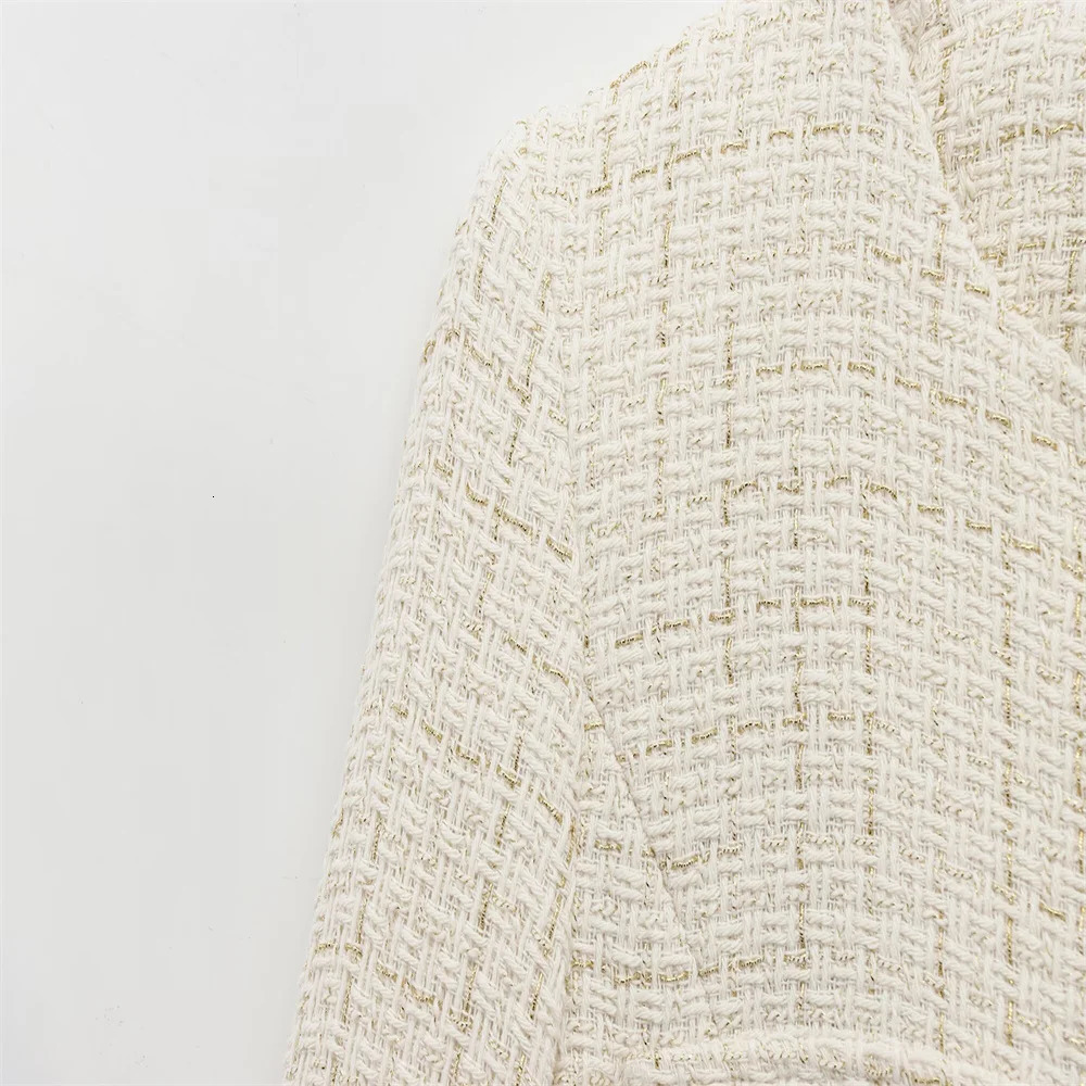 Women Beige Tweed Jacket with Gold Buttons and Belt Long Sleeves Front Pockets for Sale on 250729