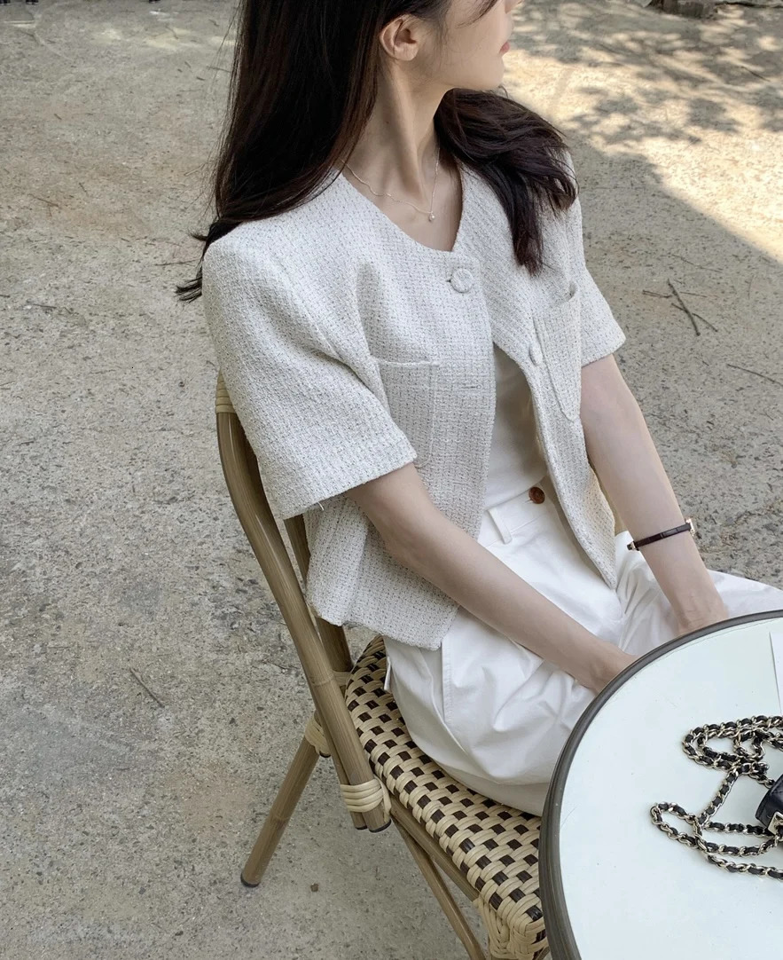 Korean Chic Summer Women Tops Short Sleeve Jacket Simple Casual O Neck Single Breasted Elegant Tweed Jackets Coats 250729