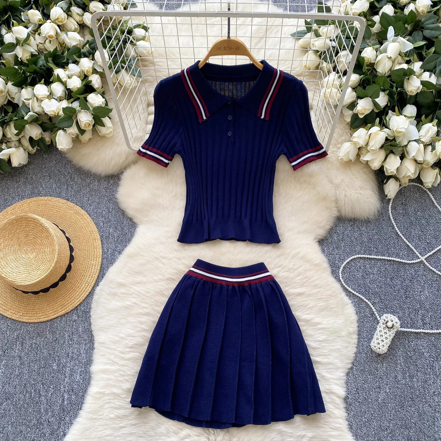 Korean College Style Knit 2pcs Suit Polo Neck Short Sleeve TopsPleated Skirt Women Summer Color Block Vintage Set 250729