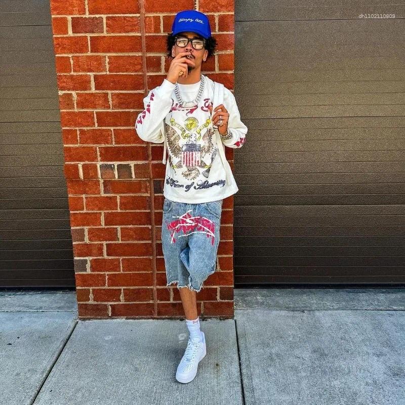 Men's Shorts Jorts Rhinestone Graffiti Distressed Printed Denim Men Women Trend Retro Hip Hop Streetwear Unisex Baggy Short Pants