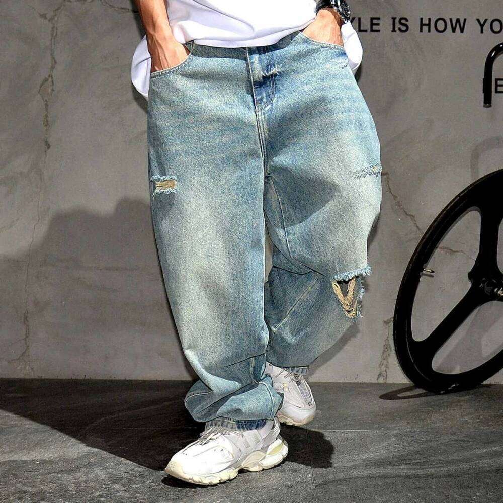 Korean Fashion Ripped Men Clothing High Quality Hip Hop Baggy Jeans American Streetwear Skateboard Denim Trousers Male 250726