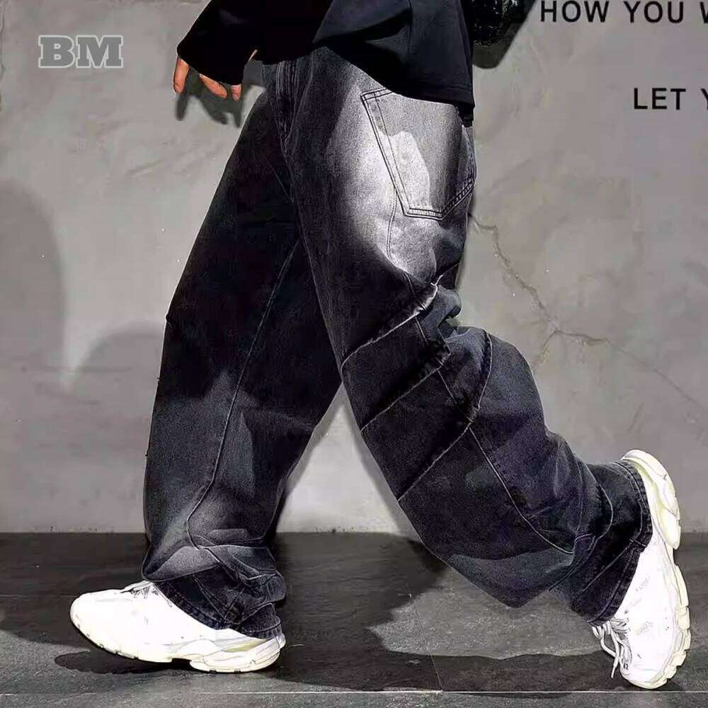 High Quality Black Vintage Casual Gradient Cargo Streetwear Straight Leg Jeans Hip Hop Denim Pants Kpop Trousers Male 250726