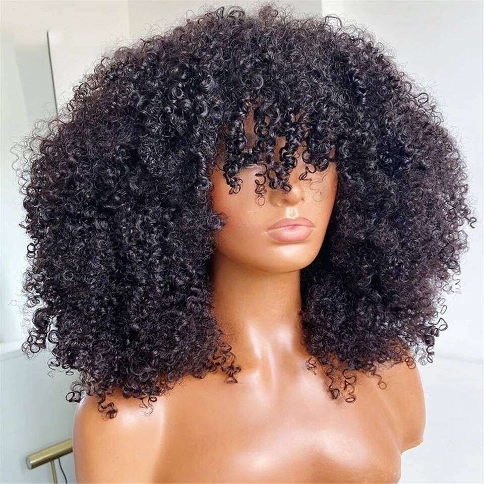 With Bangs 250% Density Glueless Short Curly Human Hair Wigs For Black Women Bob Afro Fringe Wig