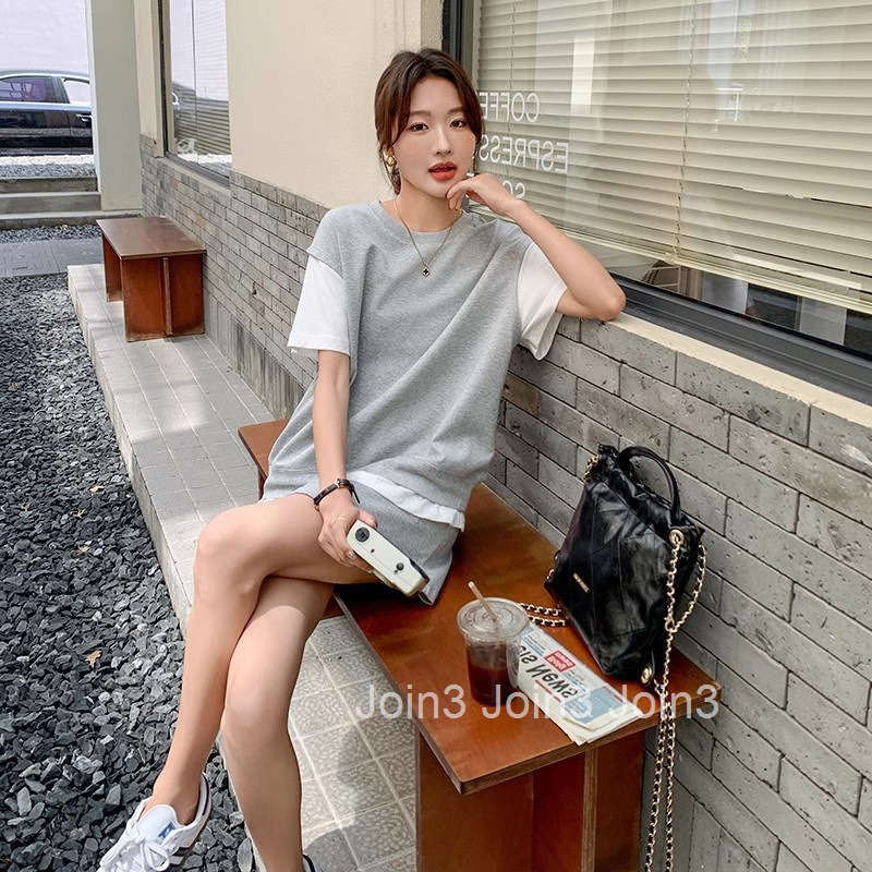 Summer New Fashion Casual Two-Piece Set Round Neck Fake Two-Piece Short Sleeve T-Shirt Top Half Skirt for Women