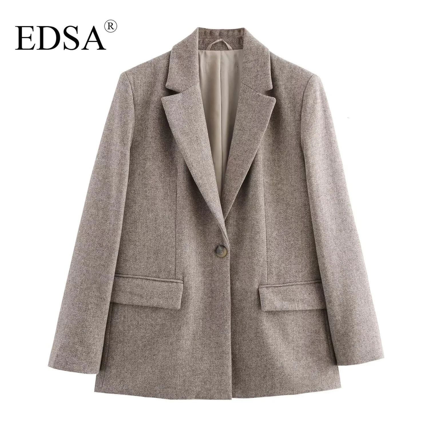 EDSA Women Herringbone Wool Blend Blazer with Flap Pockets for Office Lady Single Button Long Sleeves Jacket Outerwear 250729