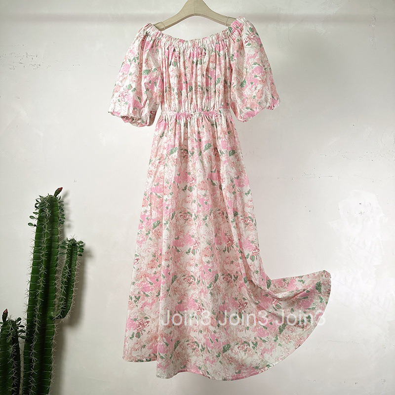 Summer New French Fashion Waist-Cinching High-Waist Skirt Floral Print Off-Shoulder Short Sleeve Dress Long Dress