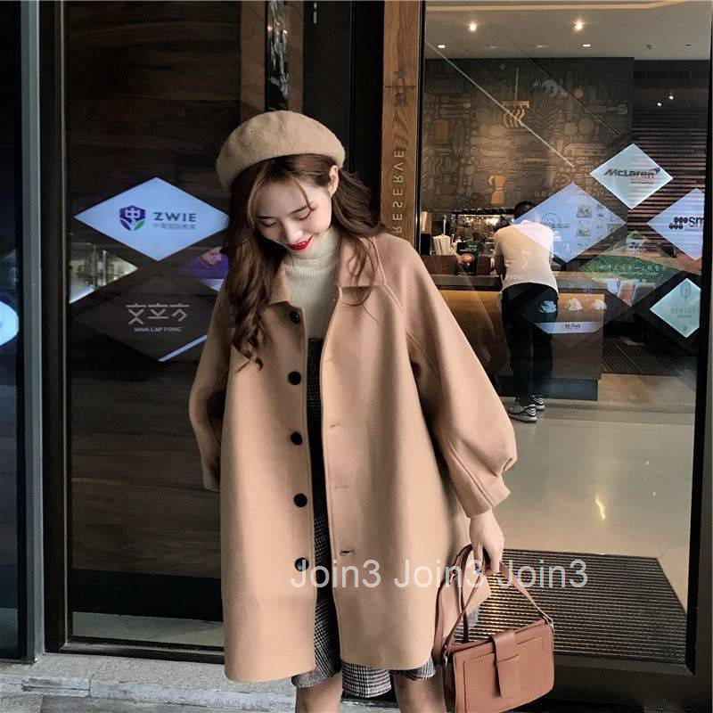 Autumn Winter New Style Lapel Single-Breasted Lantern Sleeve Wool Coat for Women Plus Size Korean Version Loose Woolen Coat for Women