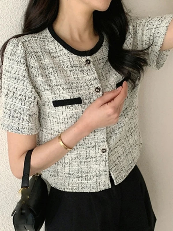 ort Coat Korean Sle Coarse Tweed Womens Summer Round Ne Svel Outerwear Ele Quali Small Size Fit 250729