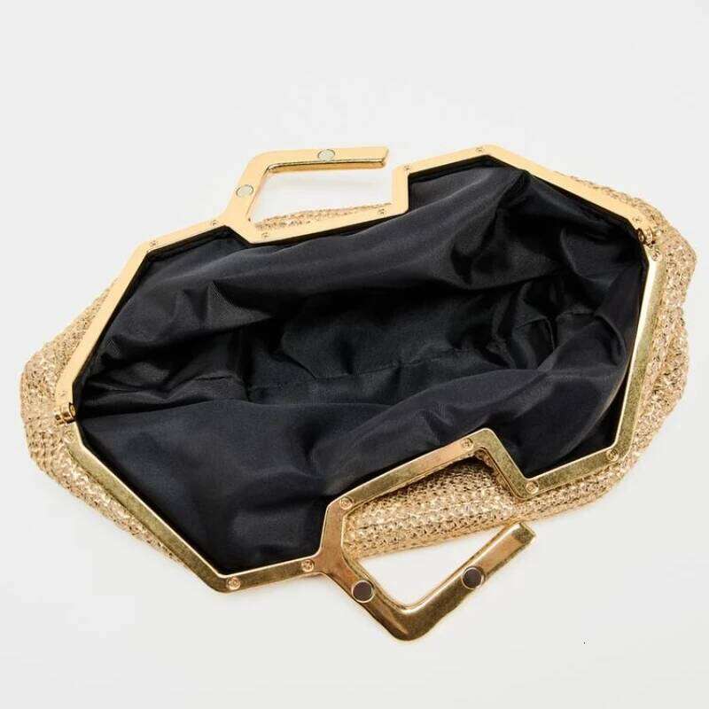 GOLD BAG WITH METAL HANDLE, Woven Handbag for Women, Designer Evening Dress Bag, New Fashionable Women's Metal Clutchs