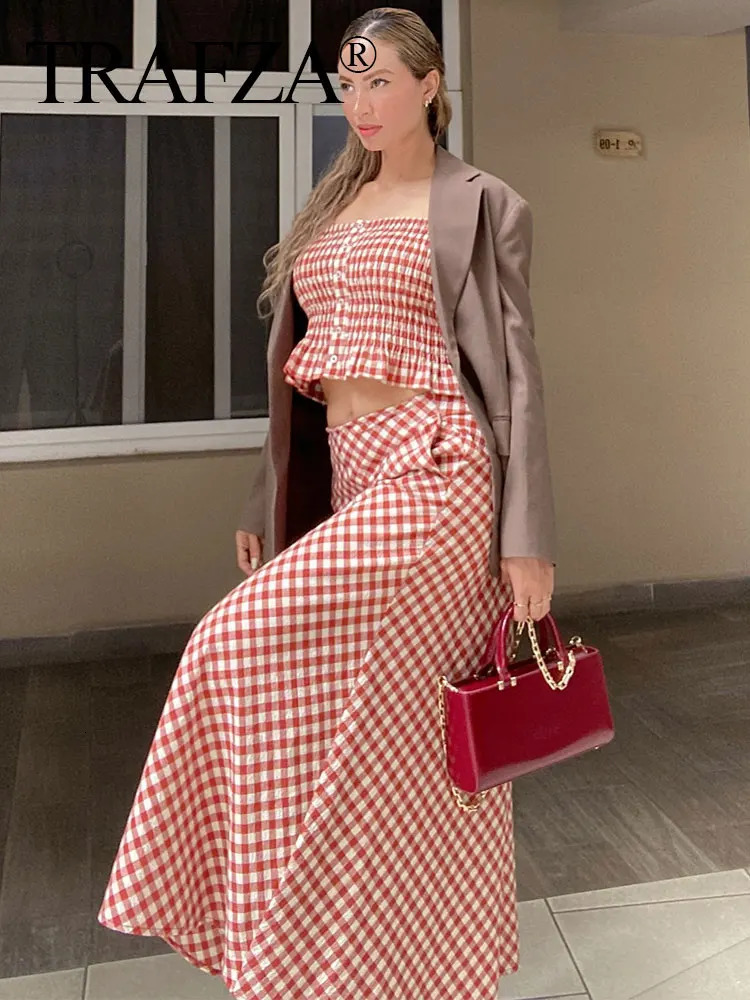 TRAFZA Female Sweet Casual Plaid Suit Suspender Button Decorative Tops Aline High Waist Midlength Skirt Spring Chic Set 250729