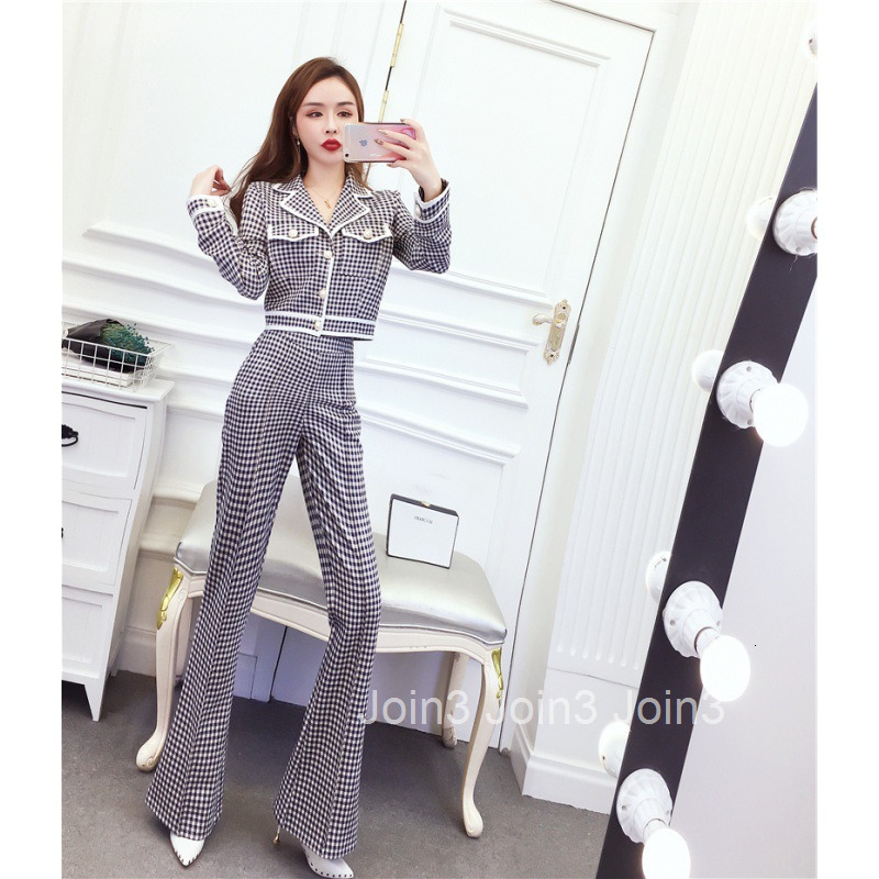Autumn Winter New Style Elegant Plaid Single-Breasted Blazer Collar Long Sleeve Top Slim Fit Long Pants Set