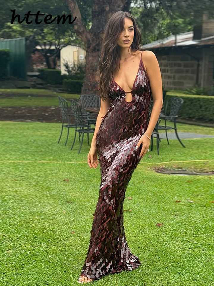 Sexy Hollow Out Sequined Long Party Dress Women V-neck Sleeveless Backless Sling Dresses 2025 Summer Lady Beach Holiday Dresses Z250728