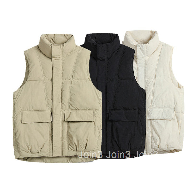 Autumn Winter New Korean and Japanese Style Plus Size Womens Down Cotton Vest with Large Pockets and Stand Collar Mid-Length